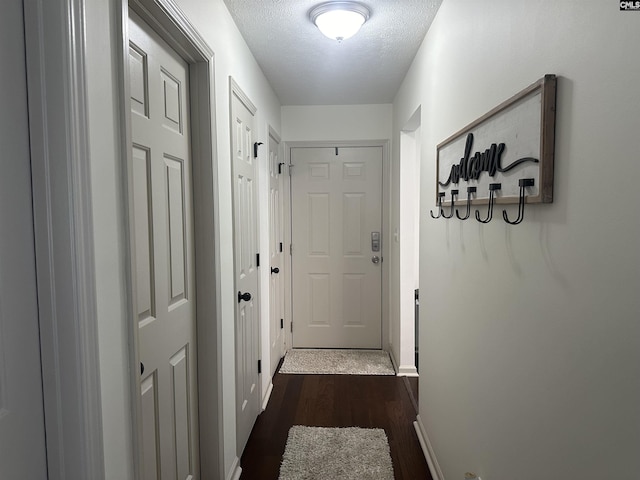 doorway to outside featuring baseboards, dark wood-style flooring, and a textured ceiling