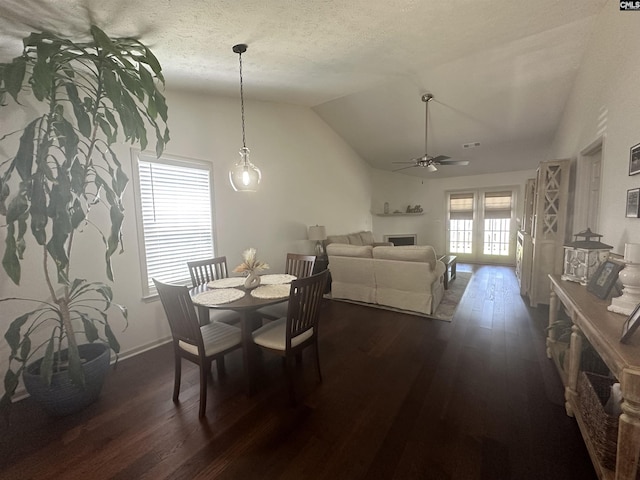 dining area with vaulted ceiling, a textured ceiling, a ceiling fan, and wood finished floors