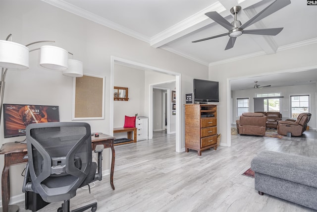 office area featuring beamed ceiling, ceiling fan, crown molding, and light wood finished floors