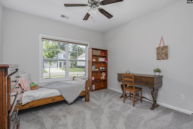 bedroom with visible vents, a ceiling fan, carpet, and baseboards