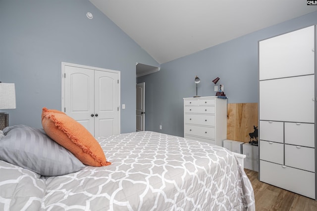 bedroom with a closet, wood finished floors, and high vaulted ceiling
