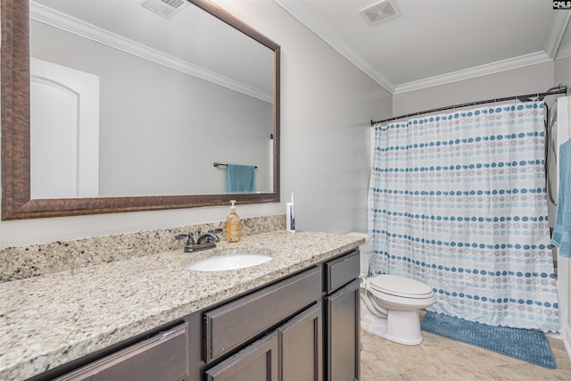 full bath with visible vents, crown molding, toilet, and vanity