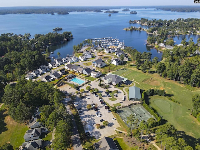bird's eye view featuring a water view and golf course view