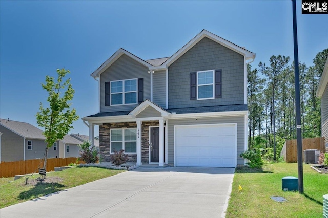 view of front of property with fence, a front lawn, stone siding, a garage, and concrete driveway