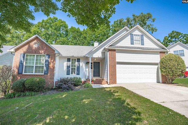 view of front of home featuring a garage, concrete driveway, a front lawn, and brick siding