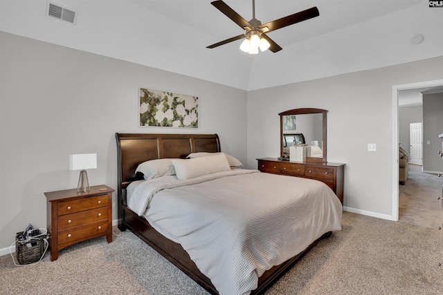 bedroom featuring a ceiling fan, baseboards, light colored carpet, and visible vents