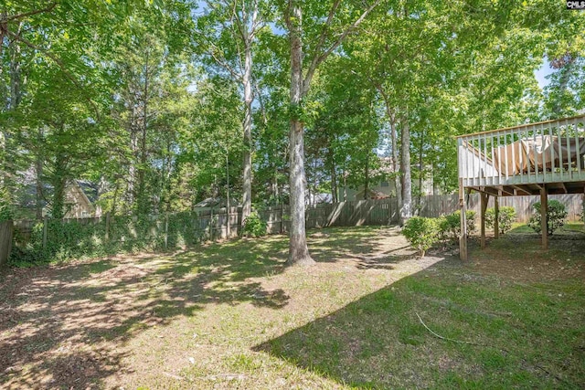 view of yard with a fenced backyard and a deck