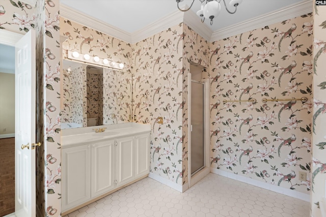 bathroom featuring crown molding, wallpapered walls, a shower stall, and baseboards