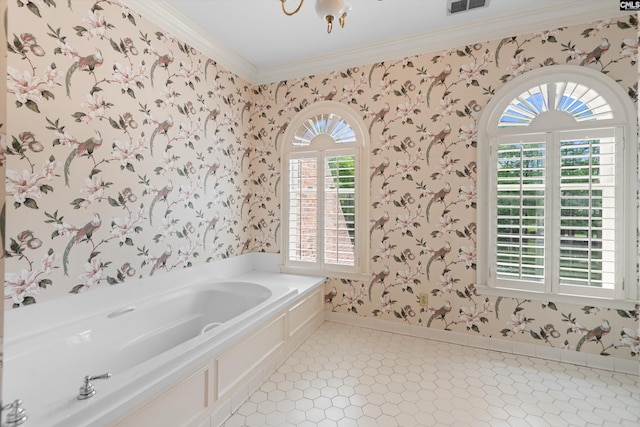 bathroom featuring tile patterned flooring, crown molding, a garden tub, baseboards, and wallpapered walls