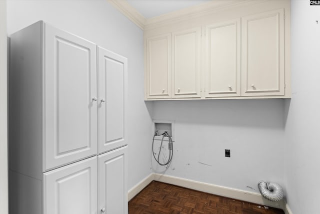 laundry area with hookup for an electric dryer, cabinet space, baseboards, hookup for a washing machine, and ornamental molding