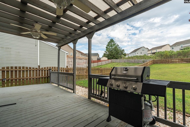 742 Westfield Rd, Lexington, SC 29073 - wooden deck with ceiling fan, a lawn, a residential view, a fenced backyard, and a grill