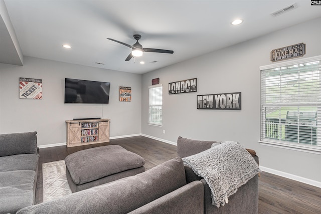 742 Westfield Rd, Lexington, SC 29073 - living room with dark wood finished floors, ceiling fan, recessed lighting, and visible vents
