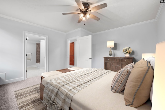 bedroom featuring crown molding, carpet floors, baseboards, and a ceiling fan