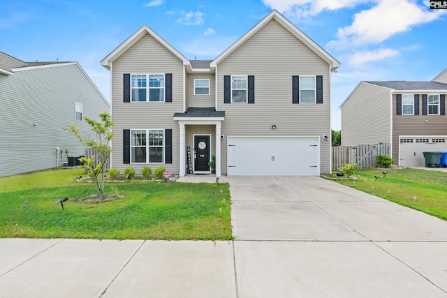 traditional home with fence, a front lawn, a garage, cooling unit, and driveway