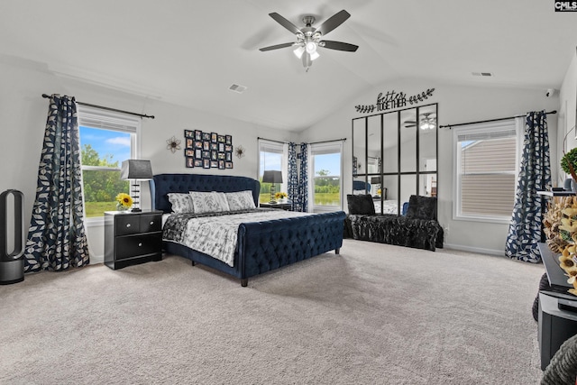 bedroom featuring carpet flooring, visible vents, and lofted ceiling