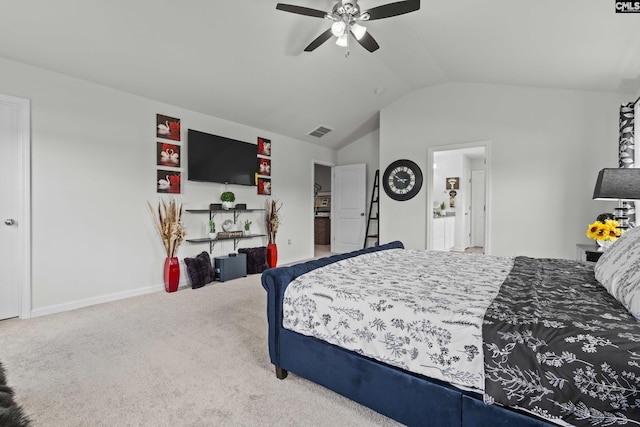 bedroom with ceiling fan, visible vents, baseboards, lofted ceiling, and carpet