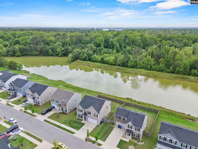 birds eye view of property featuring a water view, a view of trees, and a residential view