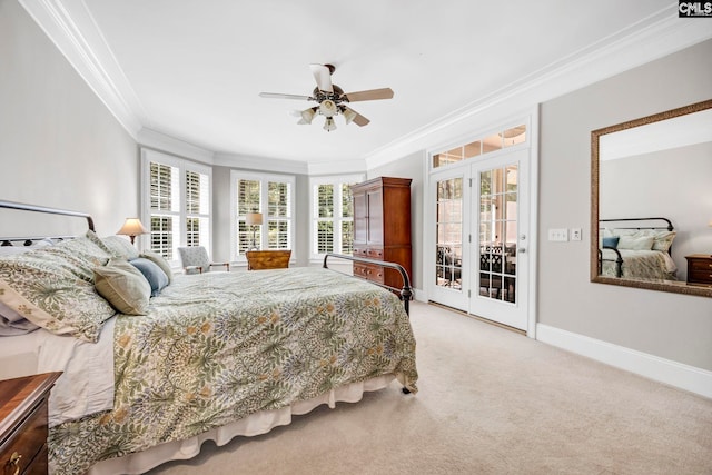 bedroom with access to outside, light carpet, a ceiling fan, baseboards, and ornamental molding