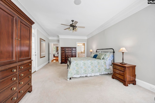 bedroom with light colored carpet, ornamental molding, baseboards, and ceiling fan