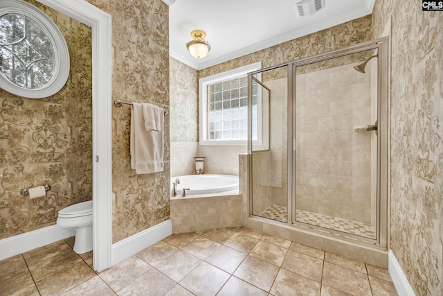 bathroom with toilet, visible vents, a shower stall, and a bath