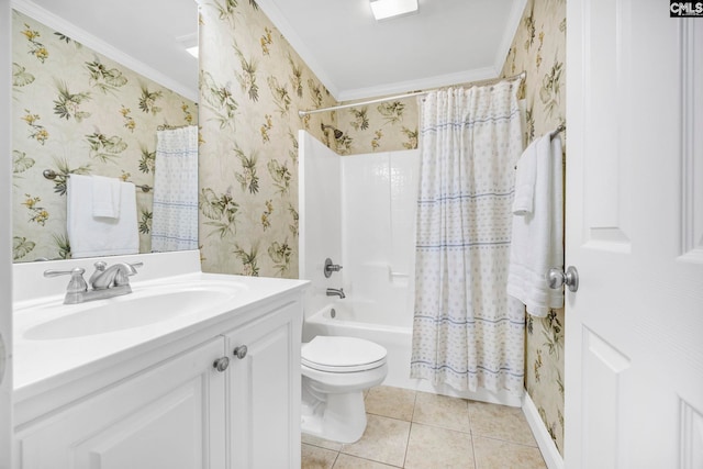 full bathroom with crown molding, tile patterned floors, and wallpapered walls