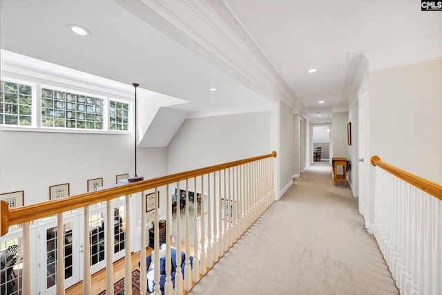 hall with crown molding, carpet floors, baseboards, and recessed lighting
