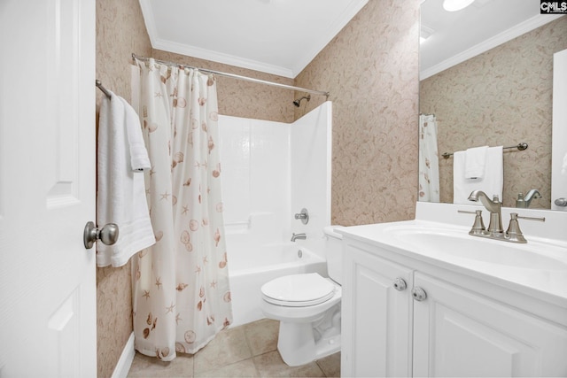 full bath featuring crown molding, vanity, tile patterned floors, and toilet