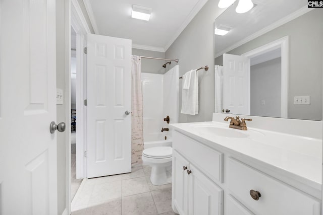 full bath with crown molding, vanity, toilet, tile patterned floors, and shower / bath combo