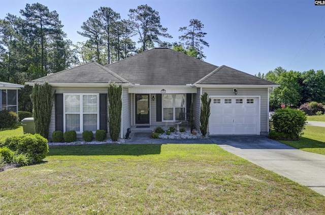 single story home with a garage, concrete driveway, and a front lawn