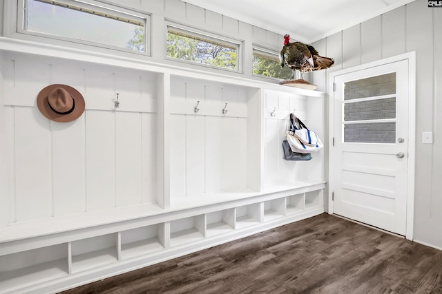 mudroom with dark wood-style floors