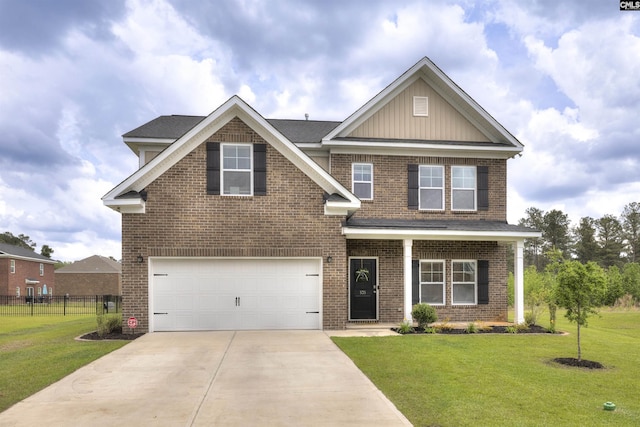 view of front of home with fence, a front yard, brick siding, concrete driveway, and an attached garage