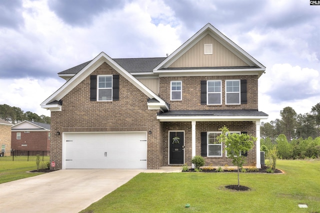 view of front of property featuring fence, a front yard, brick siding, an attached garage, and driveway