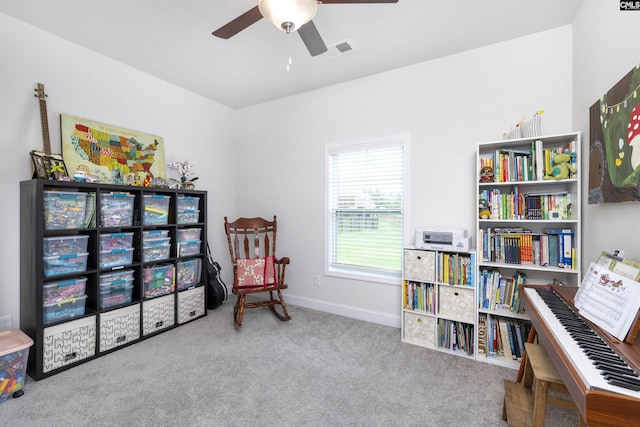535 Kittiwake Ln, Sumter, SC 29150 - sitting room featuring carpet floors, a ceiling fan, baseboards, and visible vents