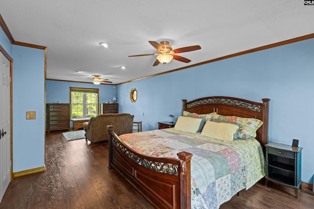bedroom featuring a ceiling fan, baseboards, ornamental molding, and wood finished floors