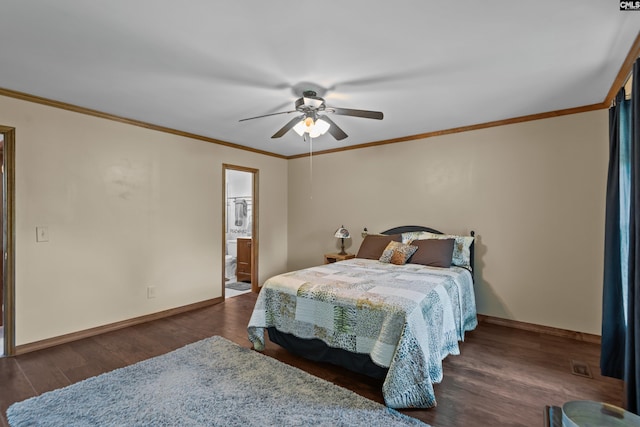 bedroom with crown molding, connected bathroom, a ceiling fan, baseboards, and wood finished floors