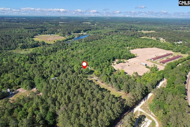 birds eye view of property featuring a water view and a view of trees