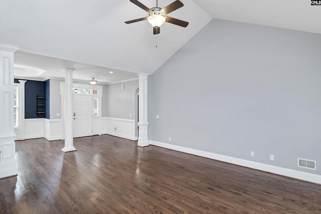 unfurnished living room featuring a ceiling fan, decorative columns, lofted ceiling, dark wood-type flooring, and visible vents