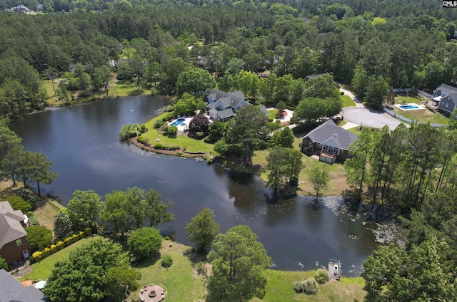 drone / aerial view with a water view and a view of trees