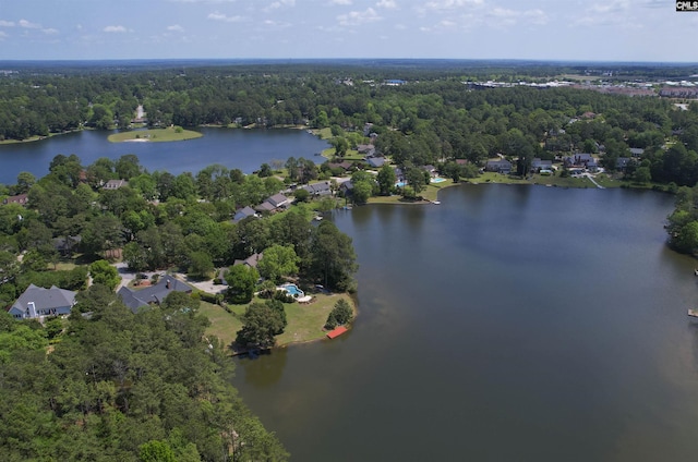 birds eye view of property with a water view and a wooded view