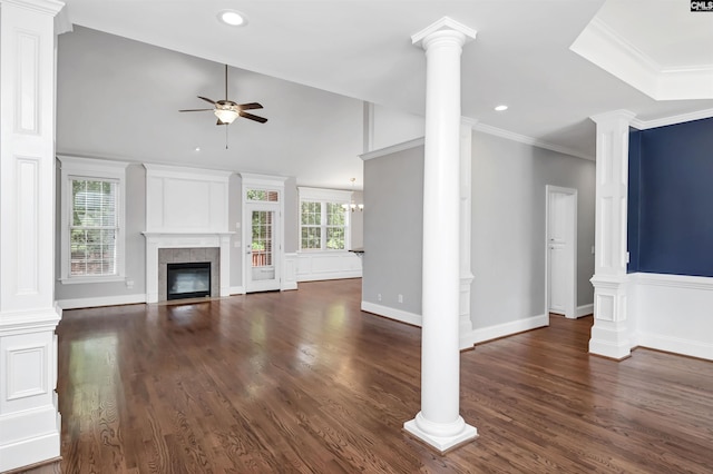 unfurnished living room with a ceiling fan, recessed lighting, dark wood-style floors, and a fireplace