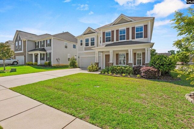 view of front facade featuring an attached garage, concrete driveway, a porch, and a front yard