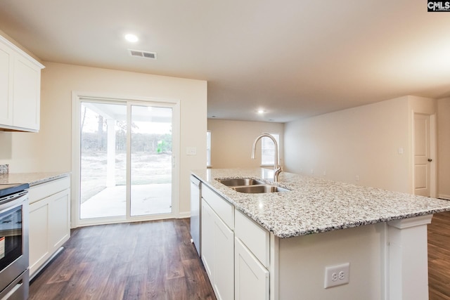 kitchen with a sink, stainless steel appliances, white cabinets, dark wood finished floors, and visible vents