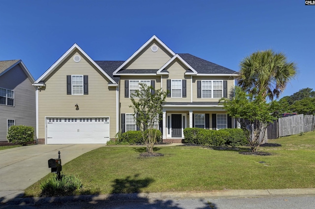 view of front of home featuring an attached garage, fence, a front yard, and concrete driveway