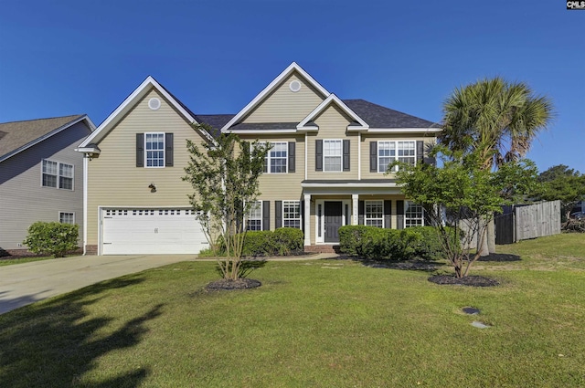 colonial home with a garage, fence, concrete driveway, and a front yard