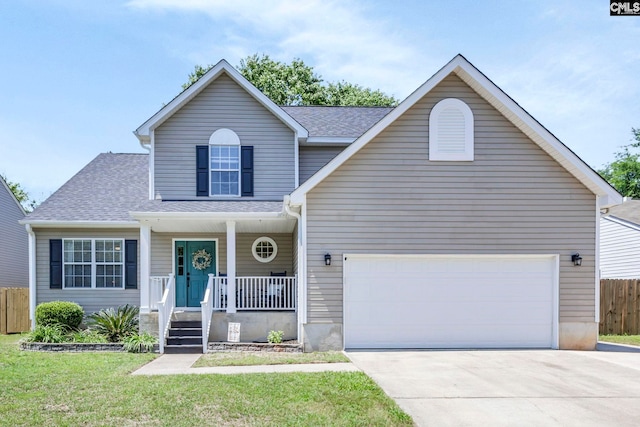 traditional home with fence, a shingled roof, a garage, a porch, and driveway