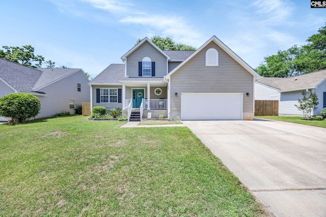 traditional home featuring a porch, fence, driveway, and a front lawn