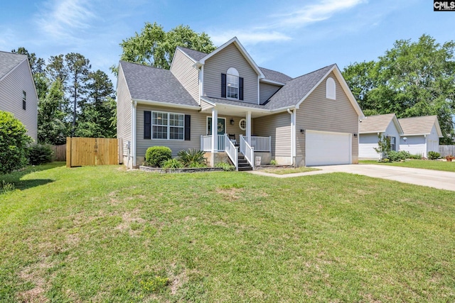 view of front facade featuring a garage, fence, covered porch, a front yard, and concrete driveway
