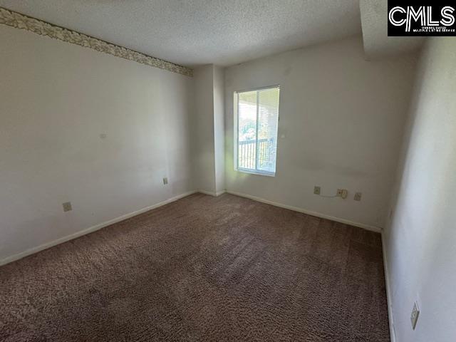 empty room featuring carpet flooring, a textured ceiling, and baseboards