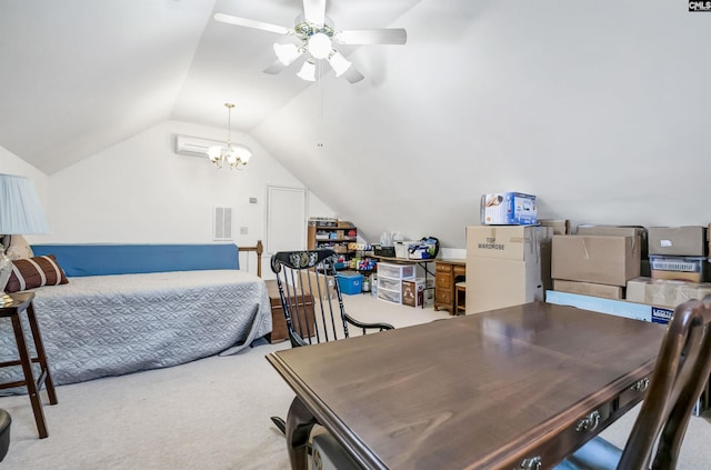 interior space with visible vents, a ceiling fan, and lofted ceiling