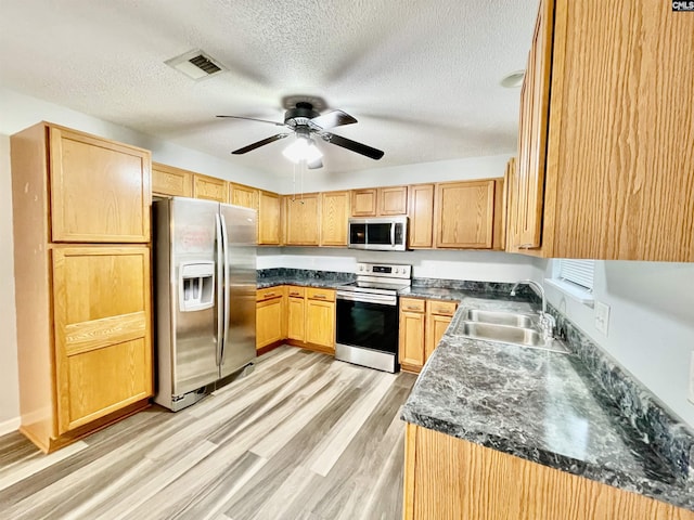 kitchen featuring visible vents, appliances with stainless steel finishes, dark countertops, a sink, and light wood-style floors